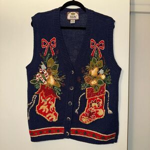 Tiara International Vintage Christmas Vest Navy Blue Red Stocking Pattern EUC